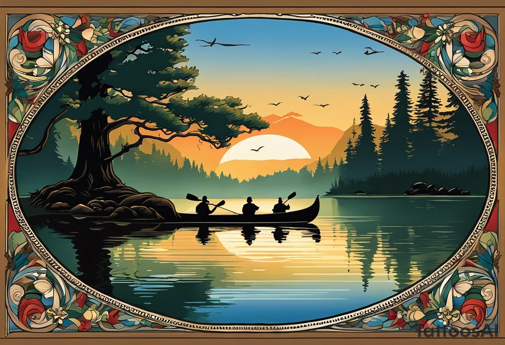 The tattoo design depicts a serene nature scene, framed within a semi-circular border. In the foreground, there are two people sitting in a canoe on a calm lake. They are paddling towards the horizon, with one person sitting at the back of the canoe and the other at the front. The back view of the people suggests a peaceful and contemplative moment shared between them.

In the background, there are majestic mountains with peaks covered in snow, creating a dramatic and picturesque landscape. The mountains are flanked by tall pine trees on either side, adding to the wilderness feel of the scene. Above the mountains, a large sun is either rising or setting, casting a tranquil glow over the entire scene. Birds are flying in the sky, adding to the sense of freedom and natural beauty.

The entire scene is rendered in a minimalist, black and white, line-drawing style, giving it a clean and elegant appearance. The semi-circular frame around the design focuses attention on the central elements and adds a sense of completeness to the image. black and white tattoo idea