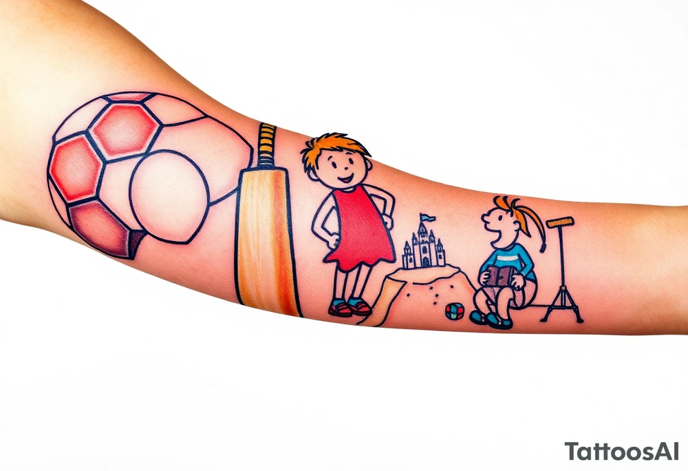 Collage of childhood memories including a football, a cricket bat, the comic character Dennis the Menace, a sandcastle and a small pile of books. tattoo idea