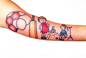 Collage of childhood memories including a football, a cricket bat, the comic character Dennis the Menace, a sandcastle and a small pile of books. tattoo idea
