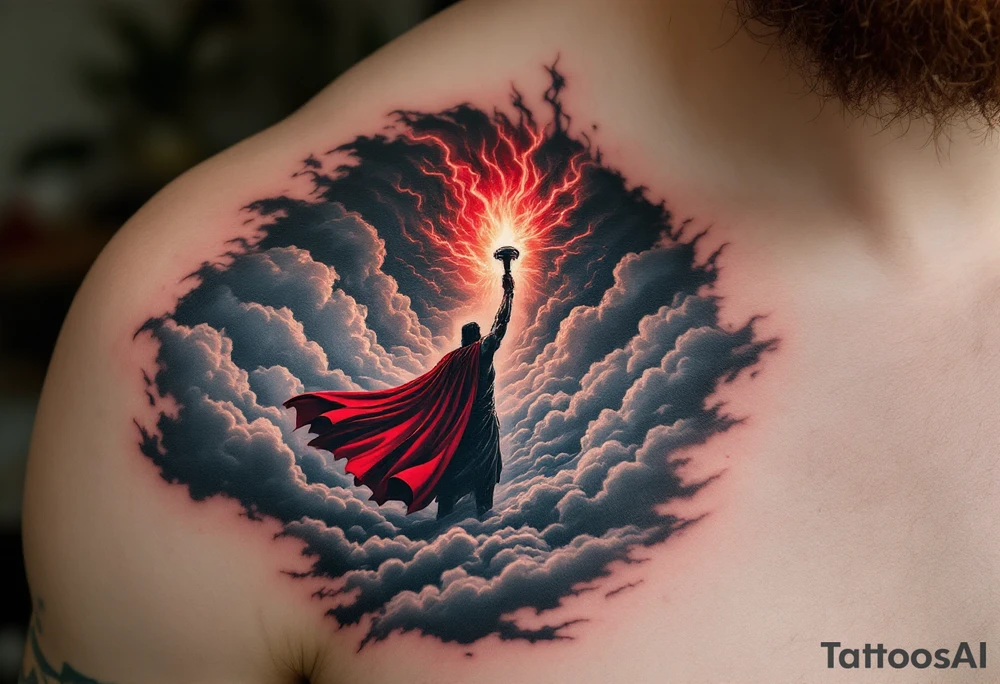 A stormy sky with Thor’s silhouette emerging from the clouds, holding Mjölnir high, his red cape flowing, in dramatic black, grey, and deep red tones. tattoo idea