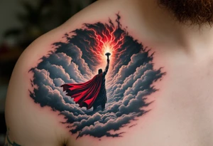 A stormy sky with Thor’s silhouette emerging from the clouds, holding Mjölnir high, his red cape flowing, in dramatic black, grey, and deep red tones. tattoo idea