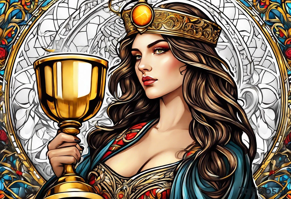 woman saint holding chalice surrounded by golden halo sideways tattoo idea
