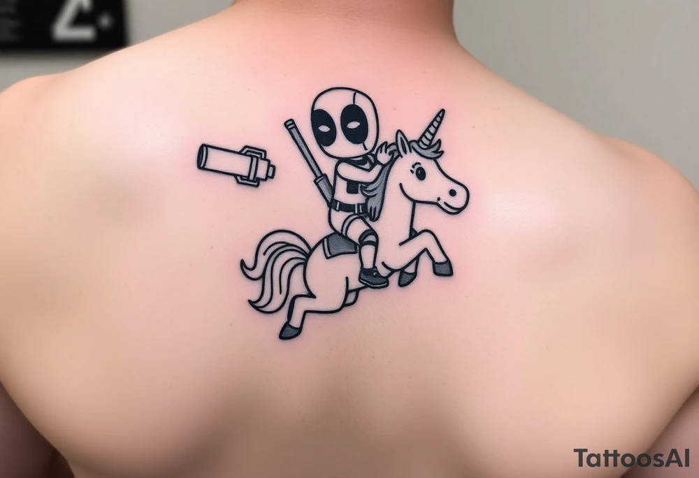 Deadpool riding cartoon unicorn holding rocket propelled grenade launcher tattoo idea