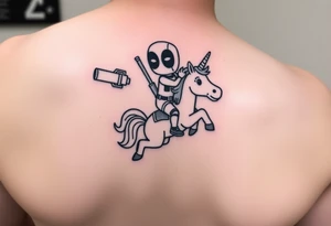 Deadpool riding cartoon unicorn holding rocket propelled grenade launcher tattoo idea