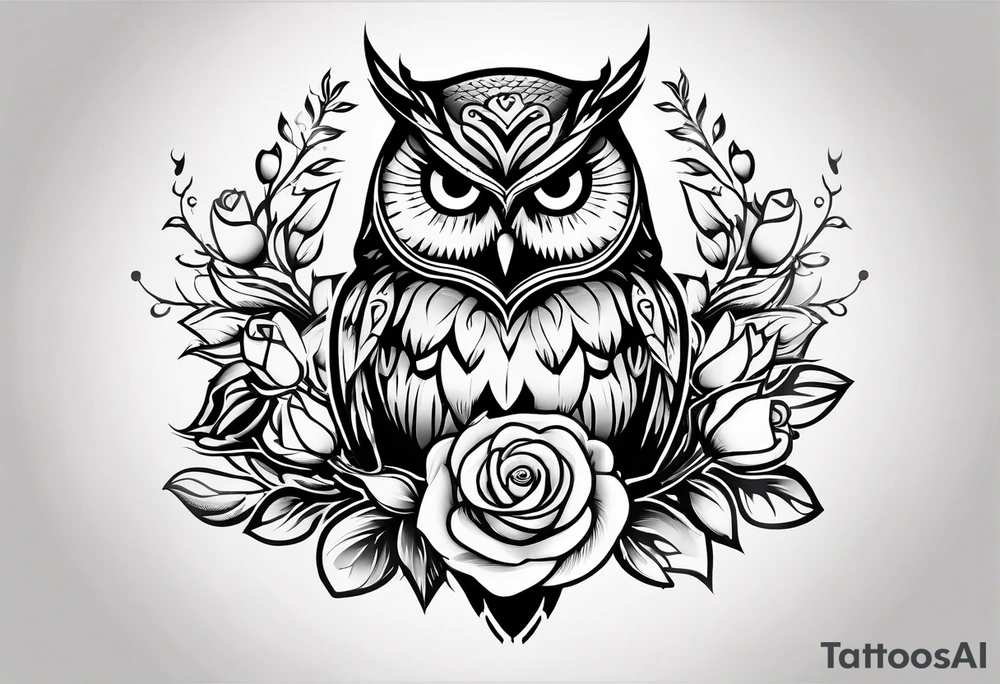 An owl, a rose,  lettering “but the greatest of these is love” tattoo idea