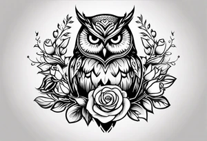 An owl, a rose,  lettering “but the greatest of these is love” tattoo idea