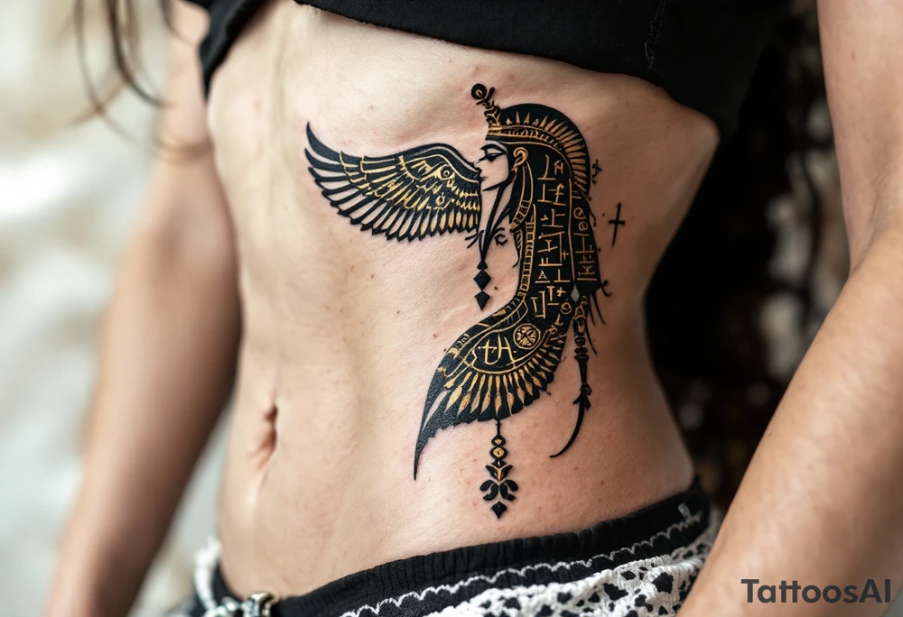 A personalized black cartouche with gold hieroglyphs, etched vertically down the side of the ribs. tattoo idea