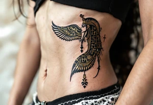 A personalized black cartouche with gold hieroglyphs, etched vertically down the side of the ribs. tattoo idea