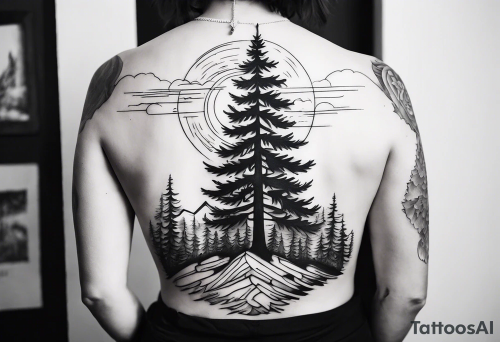 Full back tattoo ancient pine Forrest tattoo idea