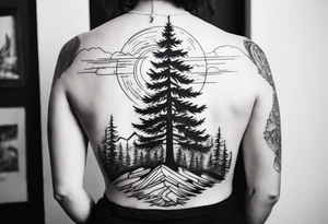 Full back tattoo ancient pine Forrest tattoo idea