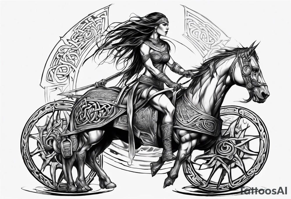 Celtic style female warrior in front on chariot tattoo idea