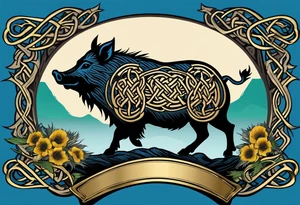 Side profile, Celtic, tribal, wild boar, On a Chatwin family crest with blue background, two gold stars, and a gold Chevron, and a Thistle. With bold black tribal lines. ancient Celtic, tribal boar tattoo idea