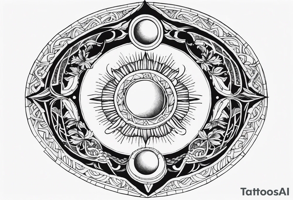 Please make me a sternum tattoo for a woman with the following details 
Mesoamerican themes like the sun and moon 
Ouroboros snake wrapped around an Orphic egg tattoo idea