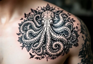 powerful majestic octopus, surrounded by floral ornaments and birds tattoo idea