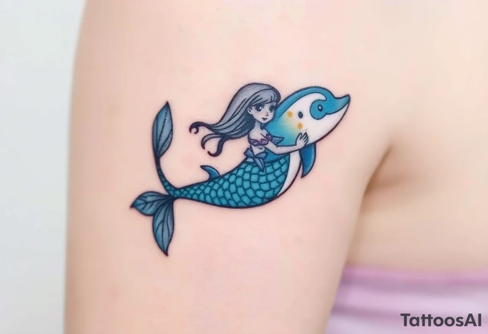 A mermaid swimming along with a dolphin tattoo idea