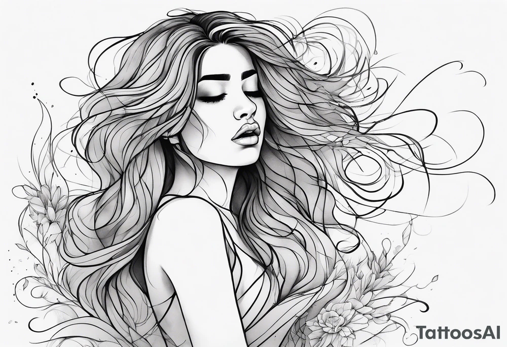 One line tattoo A distraught girl frazzled hair on her knees kind of disintegrating into dirt, screaming  (screams are visualized by lines) that turn into flowers tattoo idea