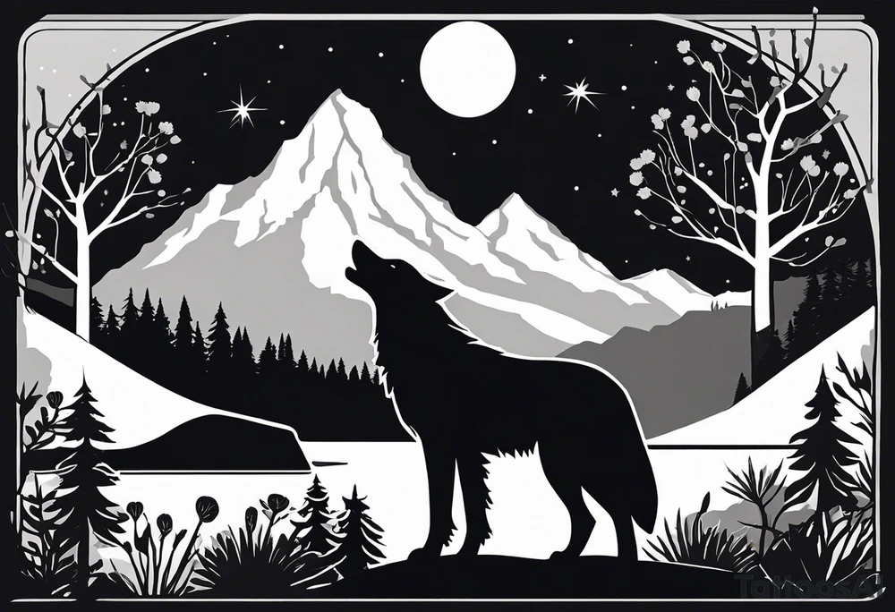 Black and white silhouette illustration of a majestic, bioluminescent wolf and eagle perched on a rocky mountain. The wolf and eagle are outlined in bold black lines, with a subtle glow suggested through radiating shapes around their forms. The surrounding landscape features silhouettes of glowing flowers, trees, and a winding river, all outlined simply. The overall atmosphere captures a sense of magical wonder, with the focus on the stark contrast of the glowing figures against the minimalist background. tattoo idea
