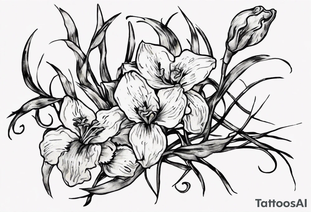 Create a small Vincent van Gogh art tattoo. The intended placement is on the upper chest. The overall design should be small in size while maintaining a delicate and artistic aesthetic. Pay attention to the graceful flow of the vines and the placement of the irises to achieve a refined and elegant look. tattoo idea