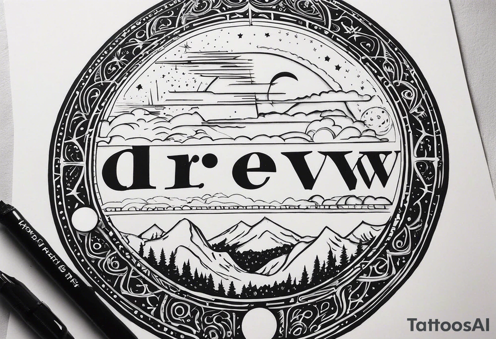 I want the name "Drew" with a space background tattoo idea