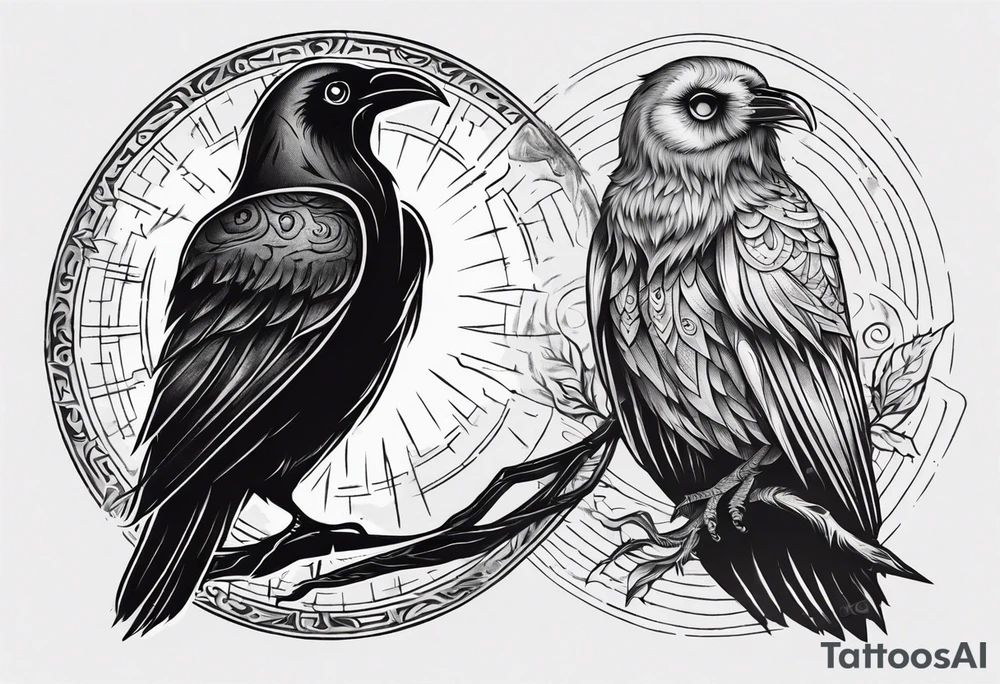 Cunning Raven with the Sun. Wise Owl on the right with Moon. tattoo idea