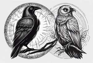 Cunning Raven with the Sun. Wise Owl on the right with Moon. tattoo idea