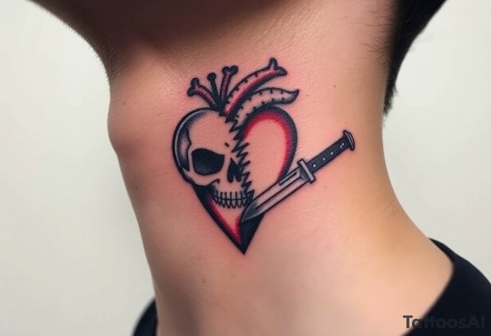 A broken heart with a shadow skull and a knife showing no remorse with all my pains in my life tattoo idea