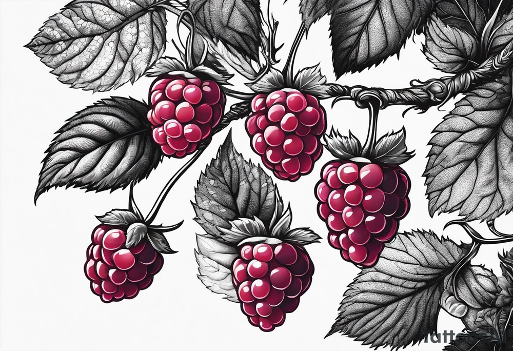 a single long raspberry branch with lots of leaves that is hanging upside down tattoo idea