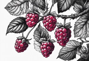 a single long raspberry branch with lots of leaves that is hanging upside down tattoo idea