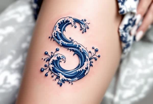 A navy blue "S" formed from ocean waves with white foam accents. tattoo idea
