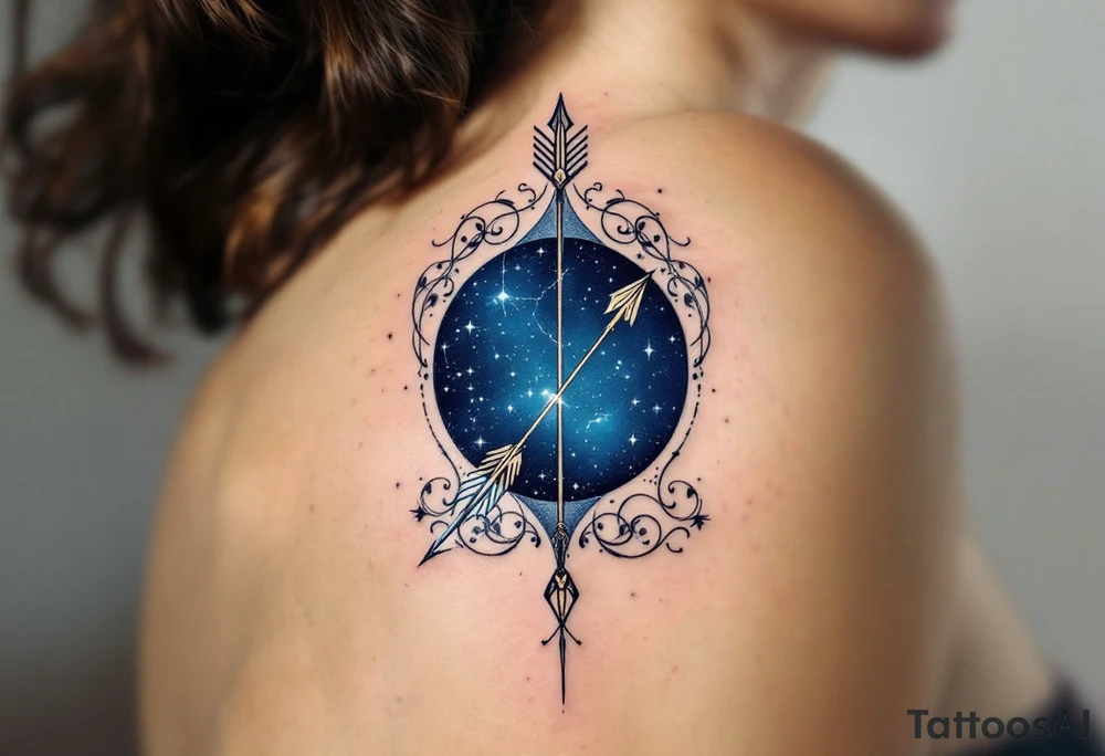 A Sagittarius bow and arrow with the constellation embedded surrounded by midnight blue. tattoo idea