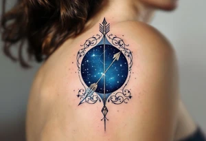 A Sagittarius bow and arrow with the constellation embedded surrounded by midnight blue. tattoo idea