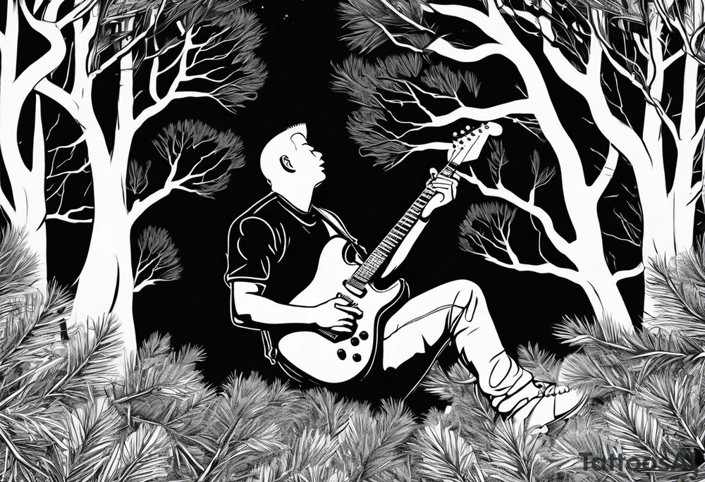 silhouette of a man playing electric guitar while sitting in a pine tree. tattoo idea