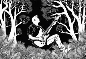 silhouette of a man playing electric guitar while sitting in a pine tree. tattoo idea