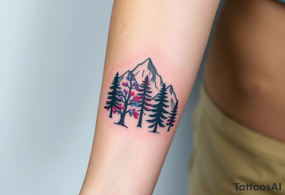 Lower forearm, trees with mountains in background, leaves on the trees are pink, purple, teal, red tattoo idea