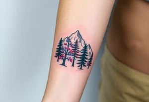 Lower forearm, trees with mountains in background, leaves on the trees are pink, purple, teal, red tattoo idea