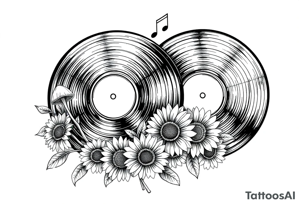 two overlapping vinyl records with mushrooms, sunflowers, and music notes tattoo idea