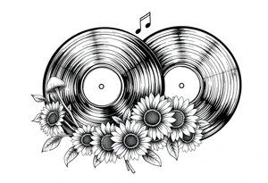 two overlapping vinyl records with mushrooms, sunflowers, and music notes tattoo idea