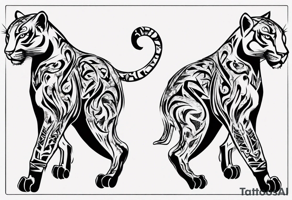 Generate a tattoo concept with two black pumas flanking a central element. Position the pumas side by side, facing outward, mirroring each other's stance. tattoo idea