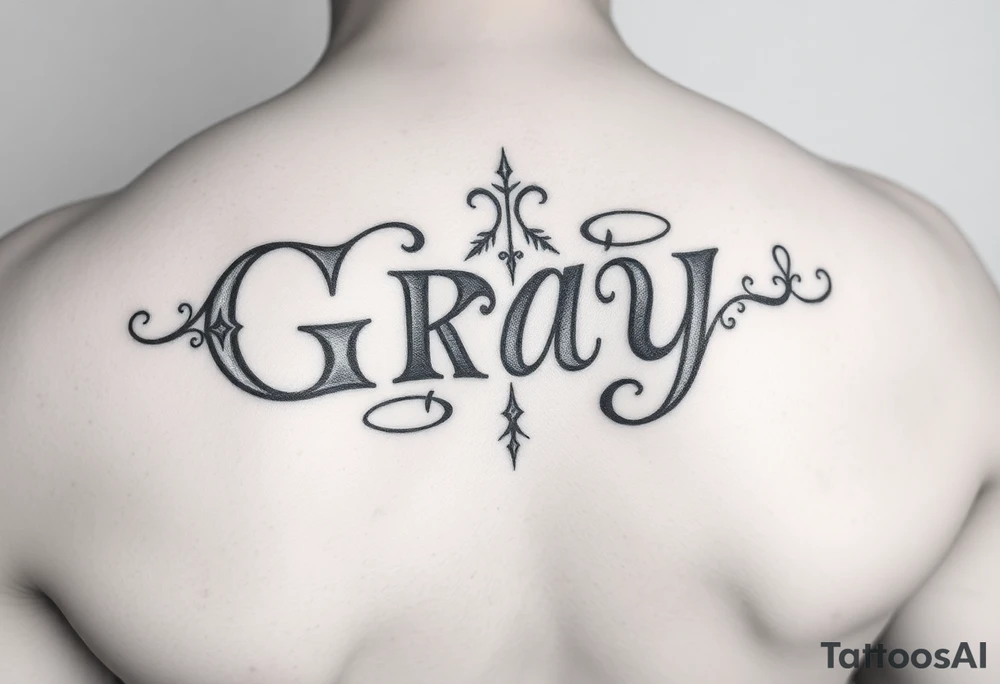 Tattoo design with the concept of our last name "Gray" with all our first names incorporated into it. "Bradley, Ashleigh, Penelope, Lennon". tattoo idea