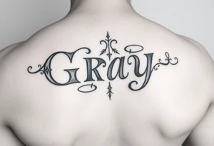 Tattoo design with the concept of our last name "Gray" with all our first names incorporated into it. "Bradley, Ashleigh, Penelope, Lennon". tattoo idea