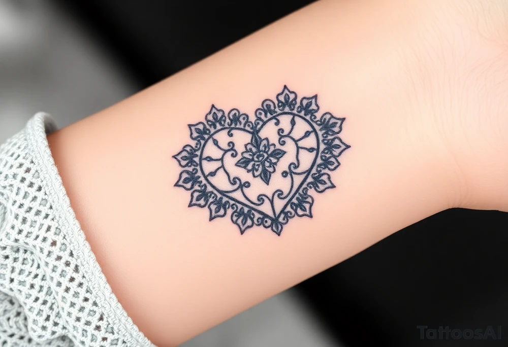 A heart-shaped lace pattern in black and silver, with a delicate filigree border tattoo idea