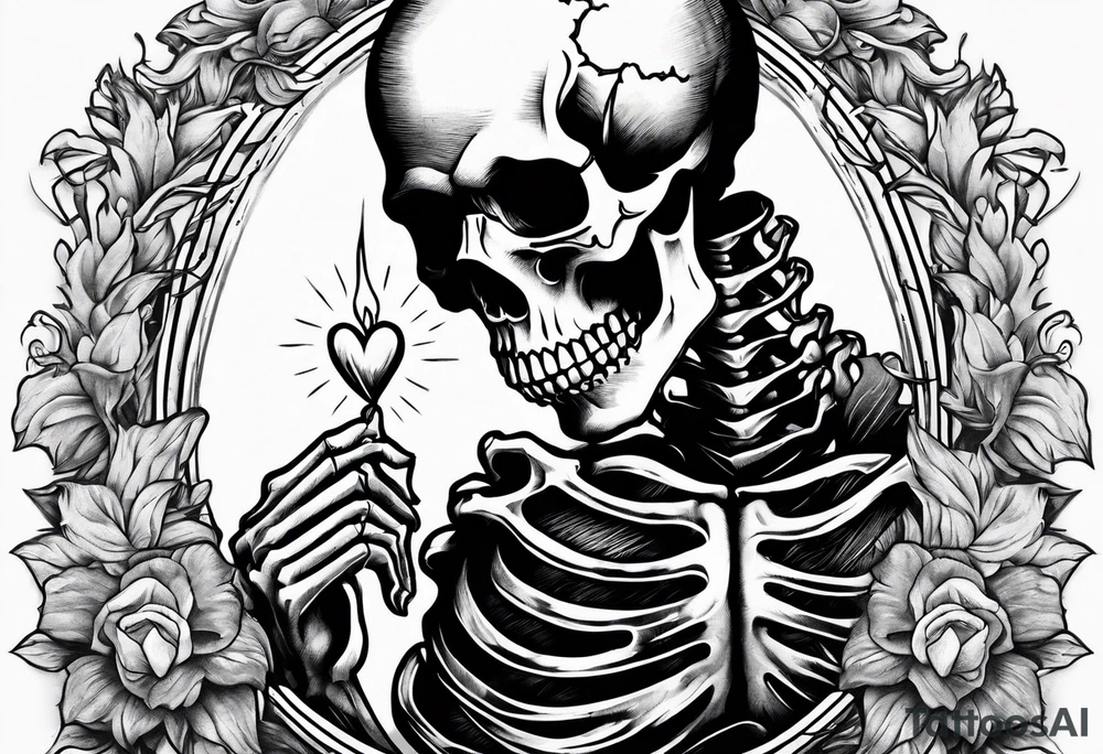 depressed skeleton handing his stabbed heart to someone tattoo idea