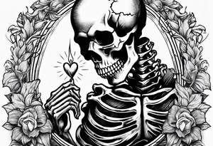 depressed skeleton handing his stabbed heart to someone tattoo idea