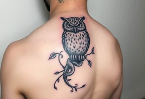 Upper arm tattoo of owl vine crawling upward and wrapping owl 333 incorporated with the owl and vine tattoo idea