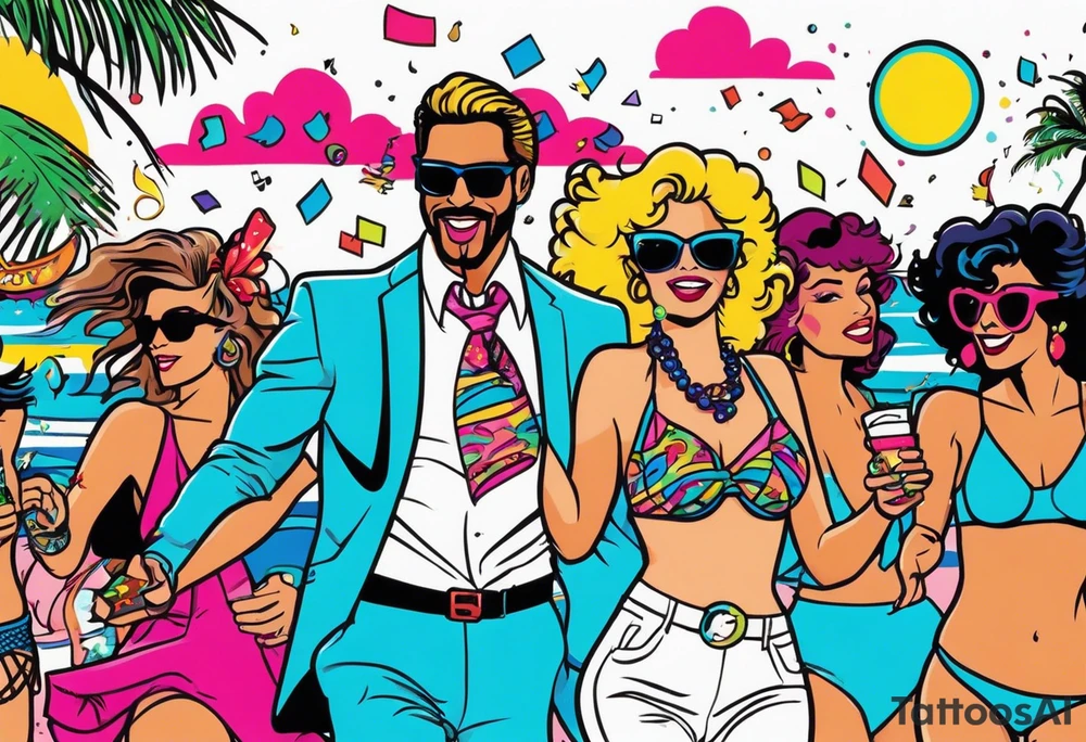 1980's miami vice style beach dance 
party, include confetti, music notes, boom box, bikinis tattoo idea