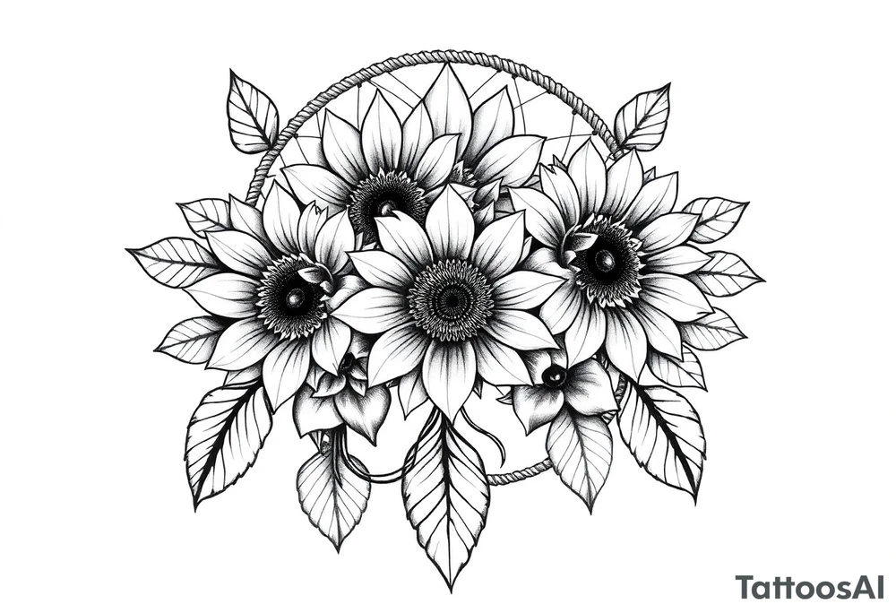Sunflowers and roses dreamcatcher tattoo idea