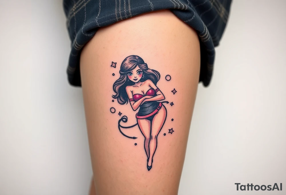 Stylized comic book woman in bondage on thigh tattoo idea
