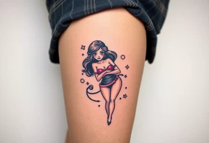 Stylized comic book woman in bondage on thigh tattoo idea