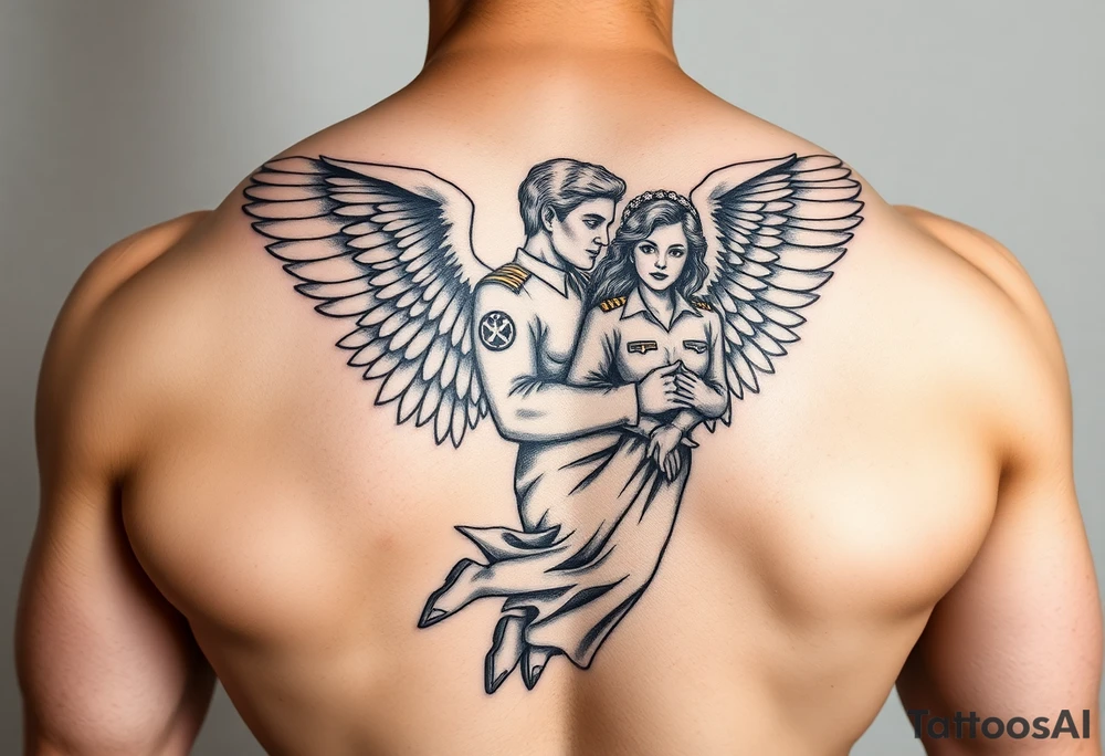 Muscular male guardian angel carrying female officer in the United States coast guard religious tattoo idea