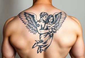Muscular male guardian angel carrying female officer in the United States coast guard religious tattoo idea